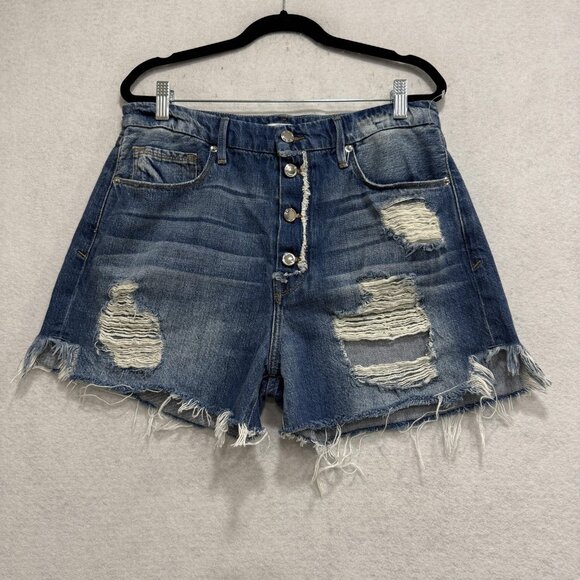 Good American Pants - Good American Shorts Womens 8/29 Blue Distressed Denim High Rise Button Fly